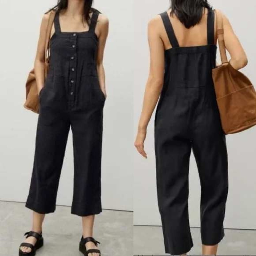 Everlane Linen Picnic Straight Leg Jumpsuit Size 0 Black Sleeveless Button Front